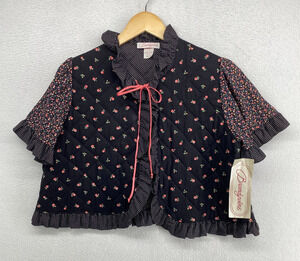 BRANDYWINE Bed Jacket M Ditsy Floral Quilted Bolero Ruffle Tie Cotton Black NEW